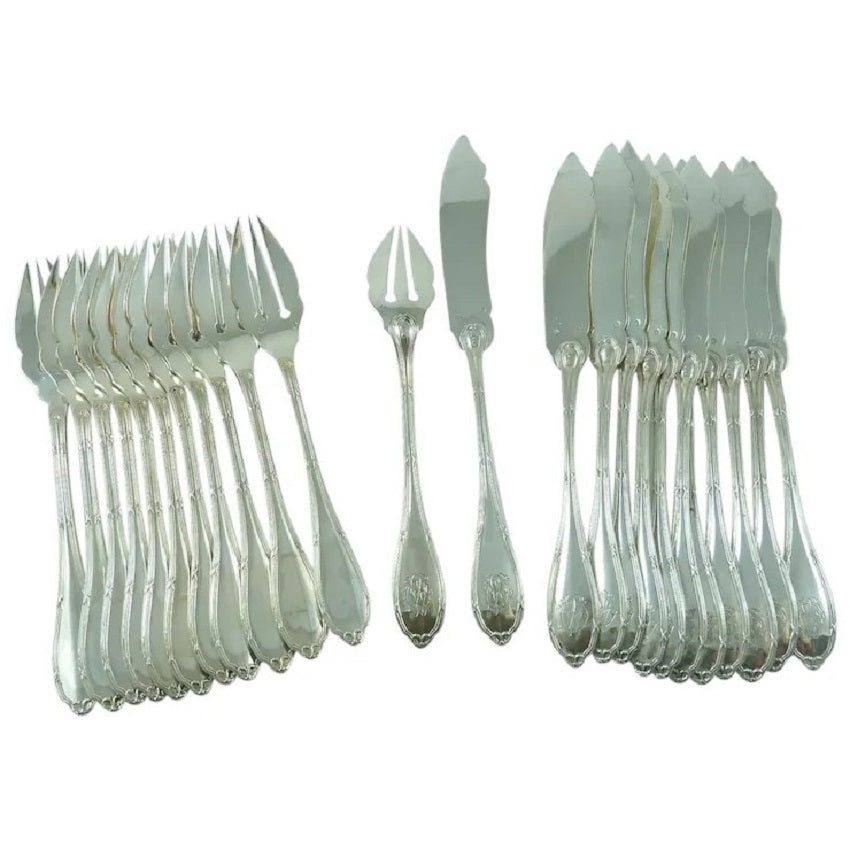 Sterling Silver Fish Service Flatware, Antique French 24 Pieces- 43 Chesapeake Court Antiques