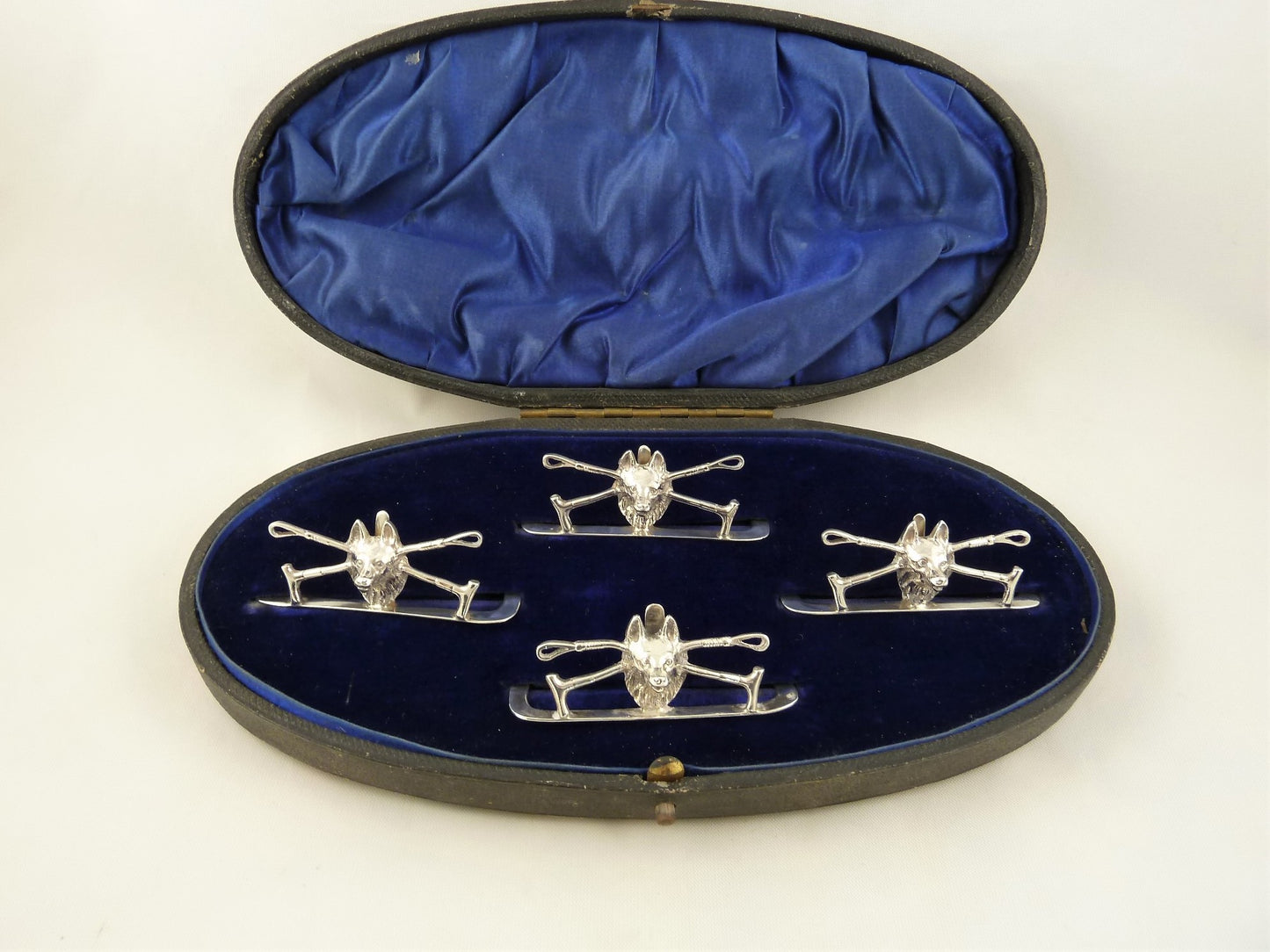 Silver Menu Holders Fox Heads & Crops, Antique English Sterling Equestrian Theme - 43 Chesapeake Court Antiques