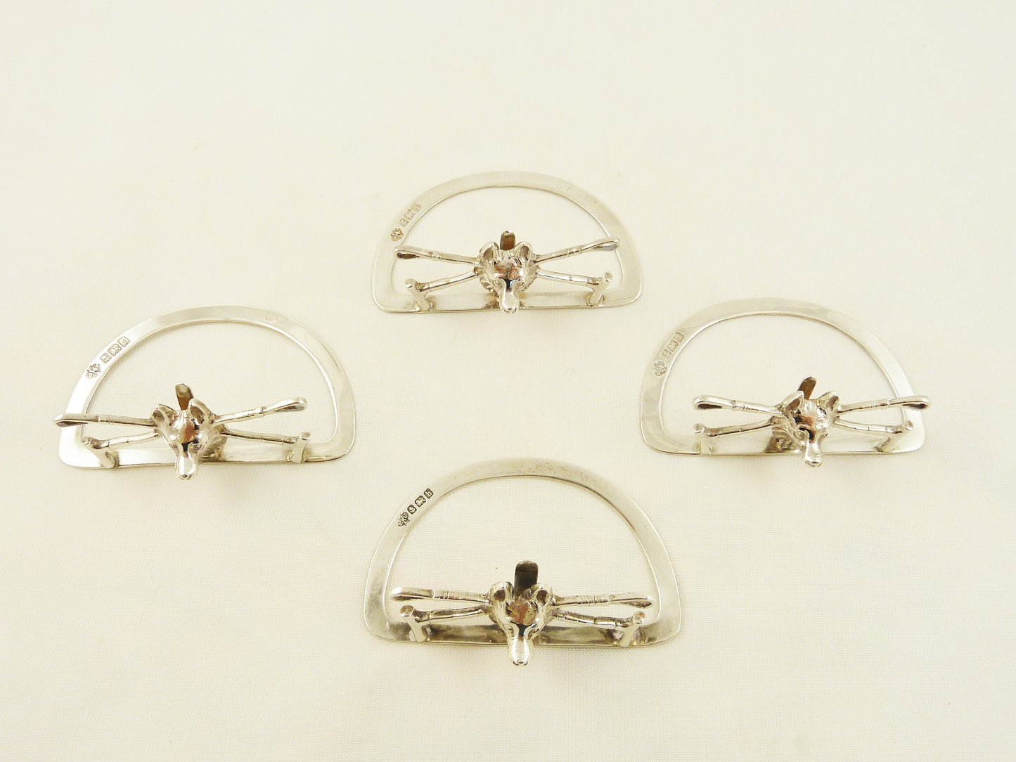 Silver Menu Holders Fox Heads & Crops, Antique English Sterling Equestrian Theme - 43 Chesapeake Court Antiques