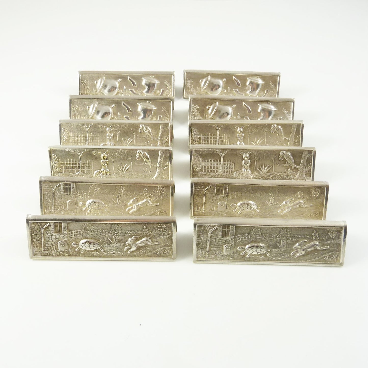 French Silver Plate Dinner Knife Rests Set of Twelve with Children's Tales Aesop's Fables - 43 Chesapeake Court Antiques