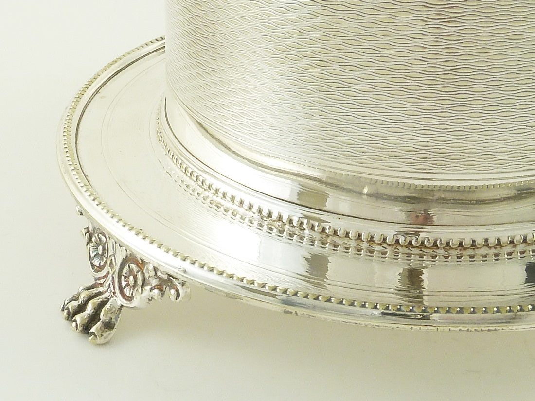 Antique English Silver Plate Biscuit Box, Barrel with Crest or Armorial - 43 Chesapeake Court Antiques