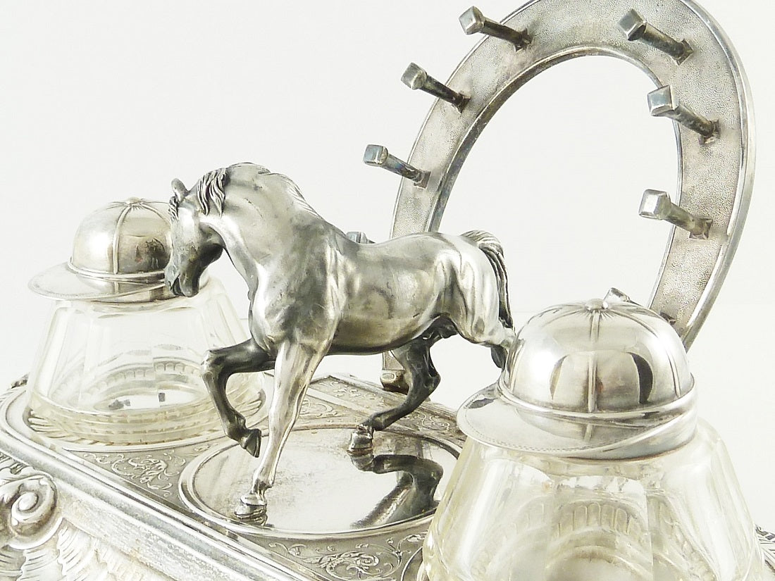 Antique Novelty Silver Equestrian Double Inkwell, C1900, Horse, Horseshoe Pen Holder, Jockey Caps - 43 Chesapeake Court Antiques