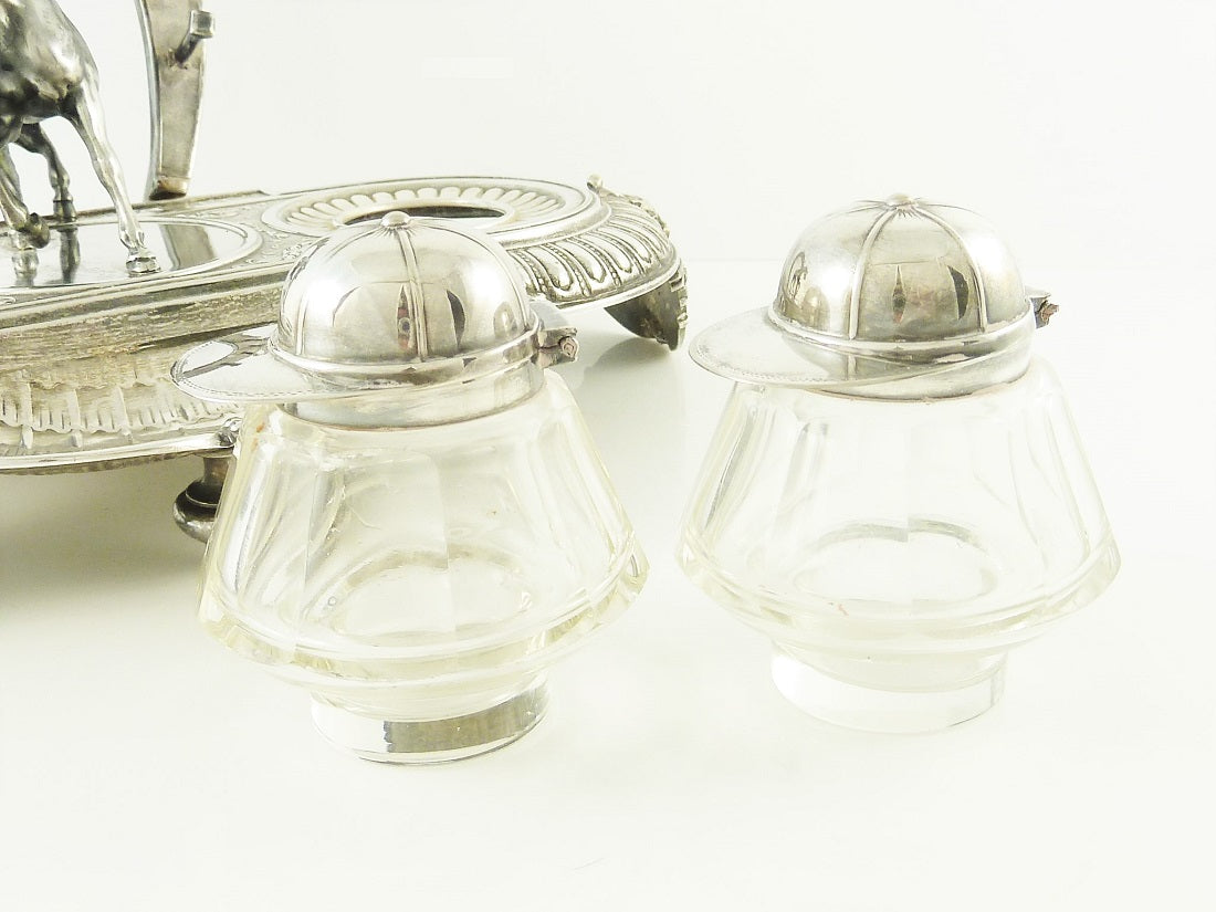 Antique Novelty Silver Equestrian Double Inkwell, C1900, Horse, Horseshoe Pen Holder, Jockey Caps - 43 Chesapeake Court Antiques