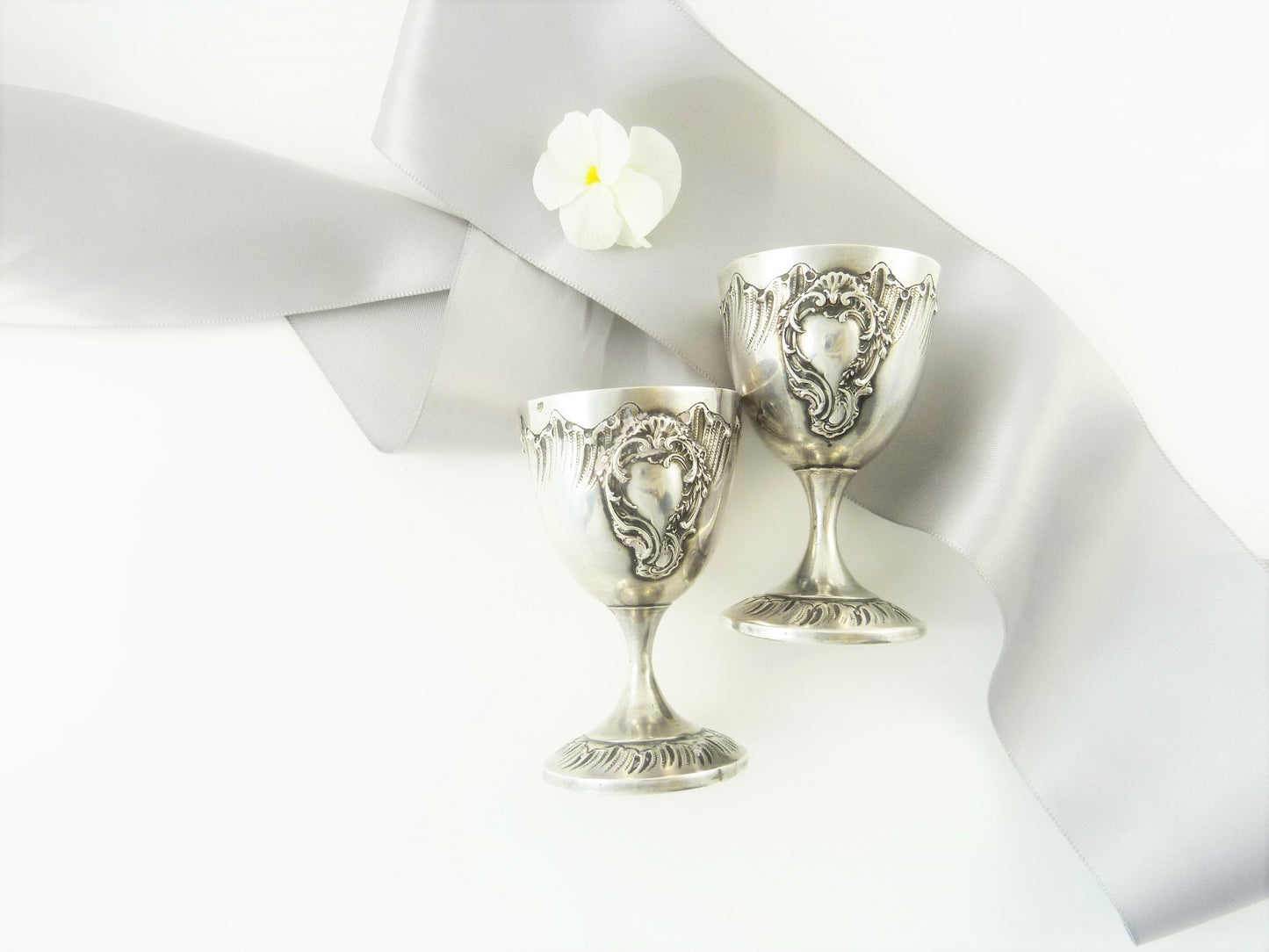 Antique French Sterling Silver Egg Cups, Matching Pair Rococo - 43 Chesapeake Court Antiques