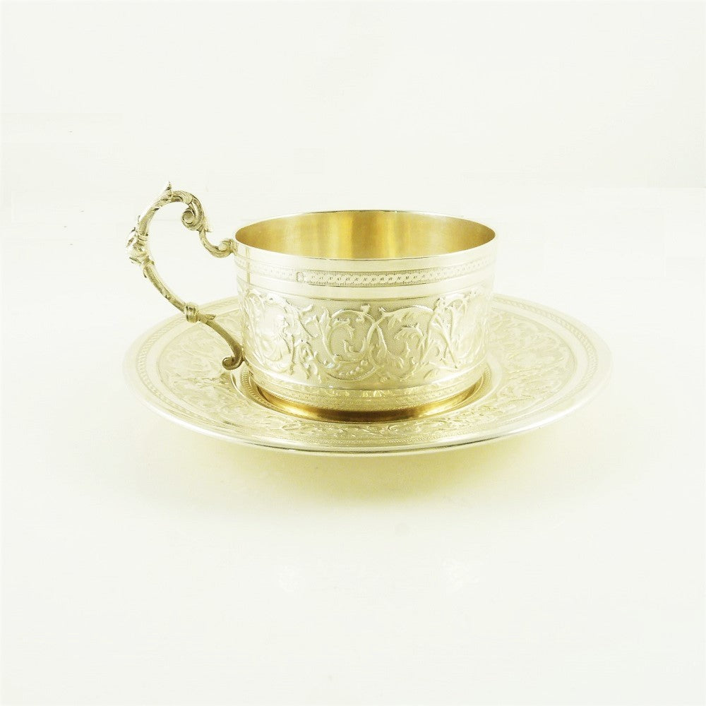 Antique French Sterling Silver Cup & Saucer Coffee, Eugène Roussel Dourtre - 43 Chesapeake Court Antiques