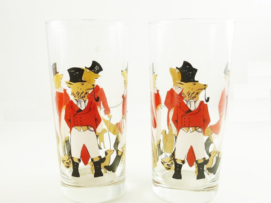 Vintage Set of 6 Equestrian Fox and Hound Tall High Ball Cocktail Glasses - 43 Chesapeake Court Antiques