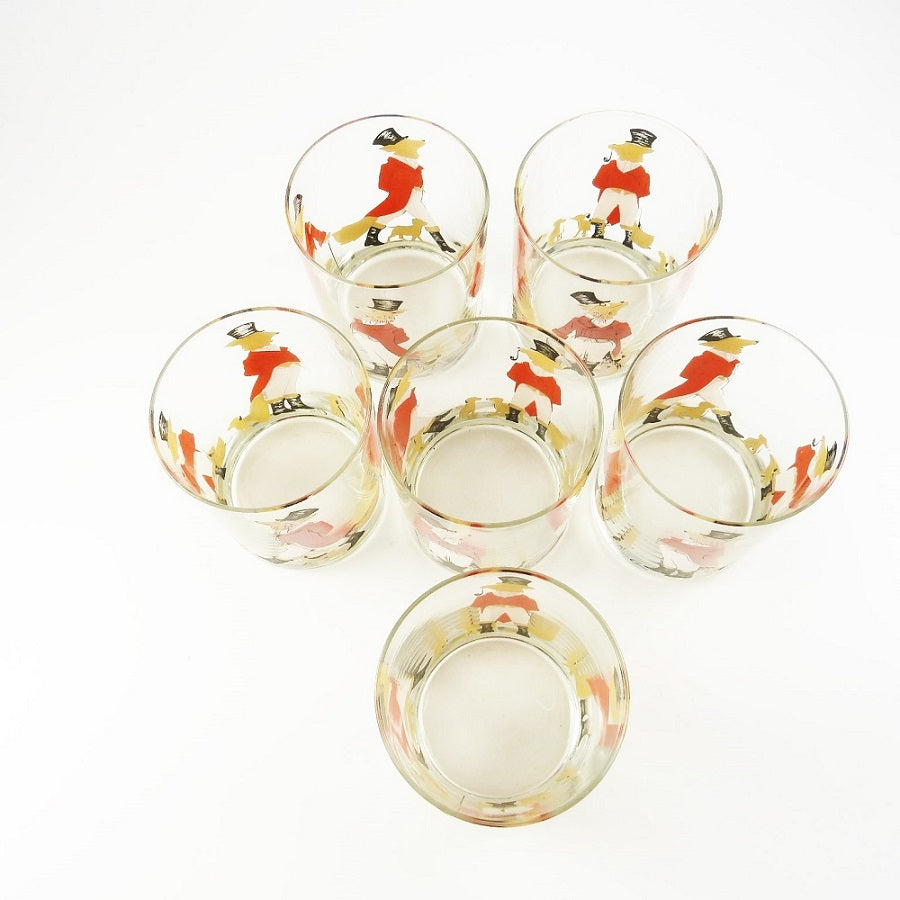 Vintage Set of 6 Equestrian Fox and Hound Tumbler or Rocks Cocktail Glasses - 43 Chesapeake Court Antiques