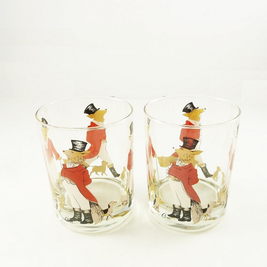 Vintage Set of 6 Equestrian Fox and Hound Tumbler or Rocks Cocktail Glasses - 43 Chesapeake Court Antiques