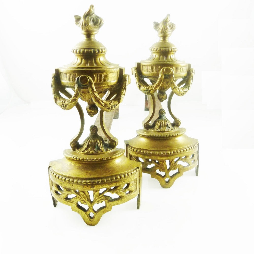 Antique French Andirons with Matching Fender, Louis XVI Style, Flambeau Finials - 43 Chesapeake Court Antiques