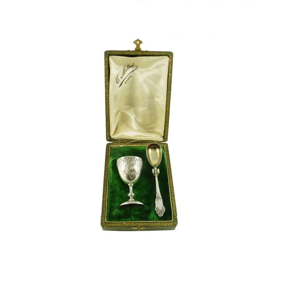 Antique French Sterling Silver Egg Cup & Spoon with Presentation Case - 43 Chesapeake Court Antiques