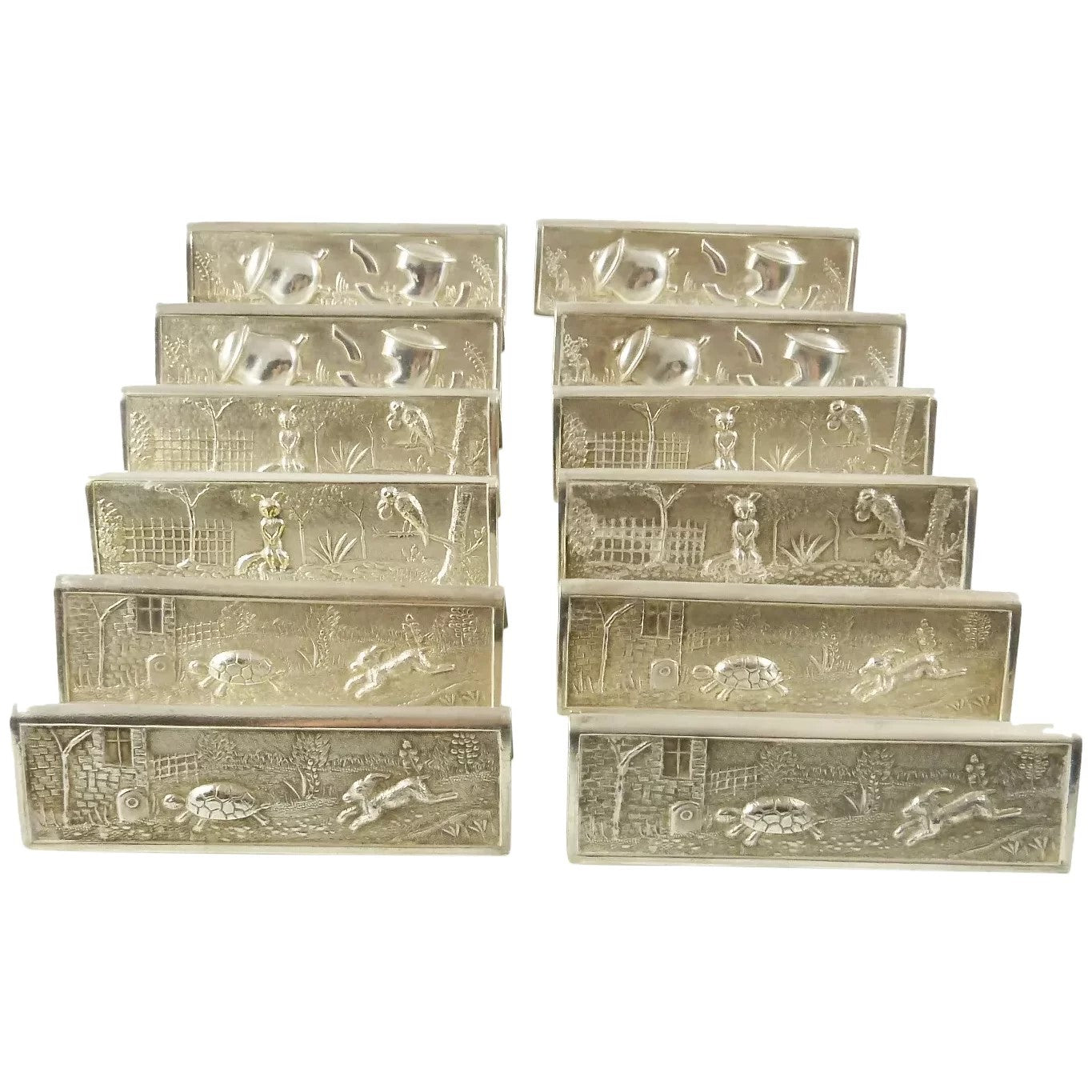 French Silver Plate Dinner Knife Rests Set of Twelve with Children's Tales Aesop's Fables - 43 Chesapeake Court Antiques