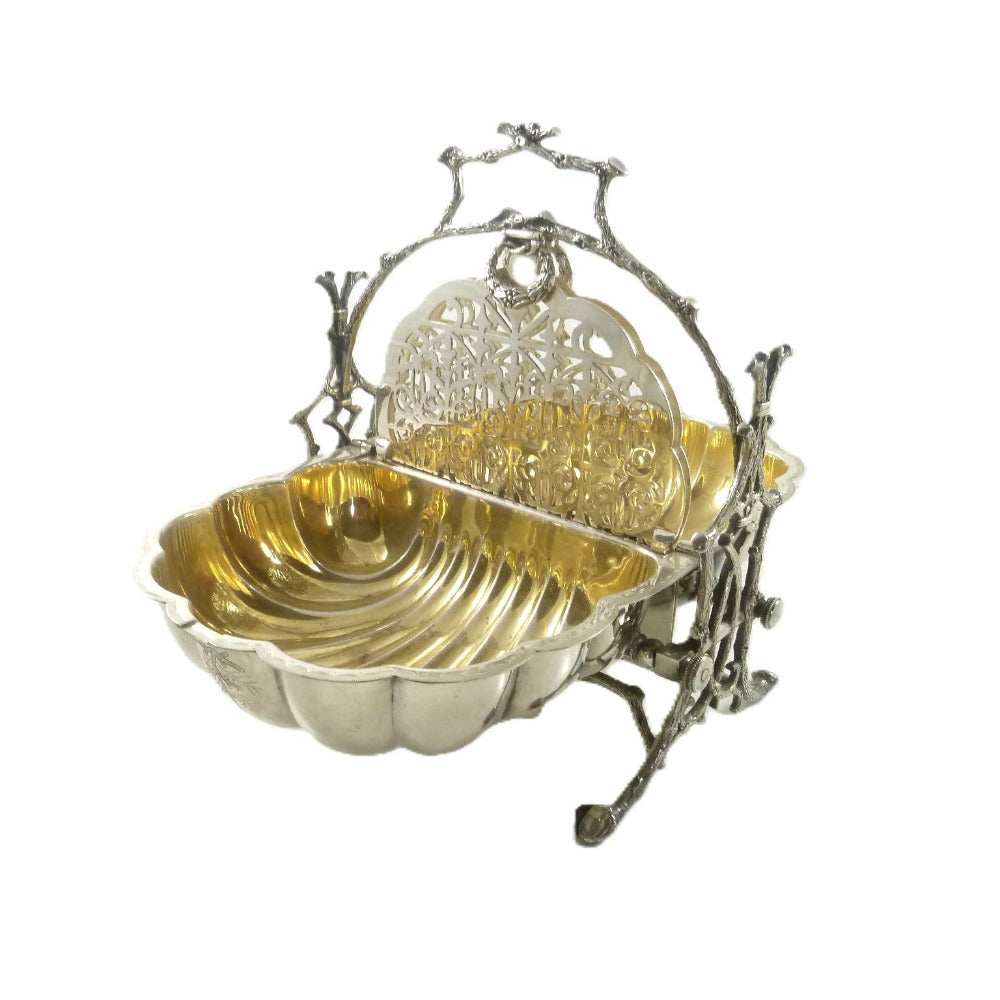 Victorian silver plated biscuit warmer shown fully open with gilt interior