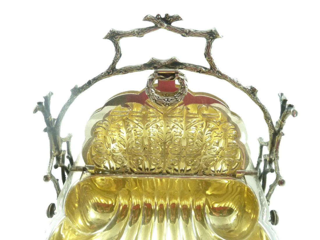 Gilt interior of English Fenton Bros biscuit box or warmer