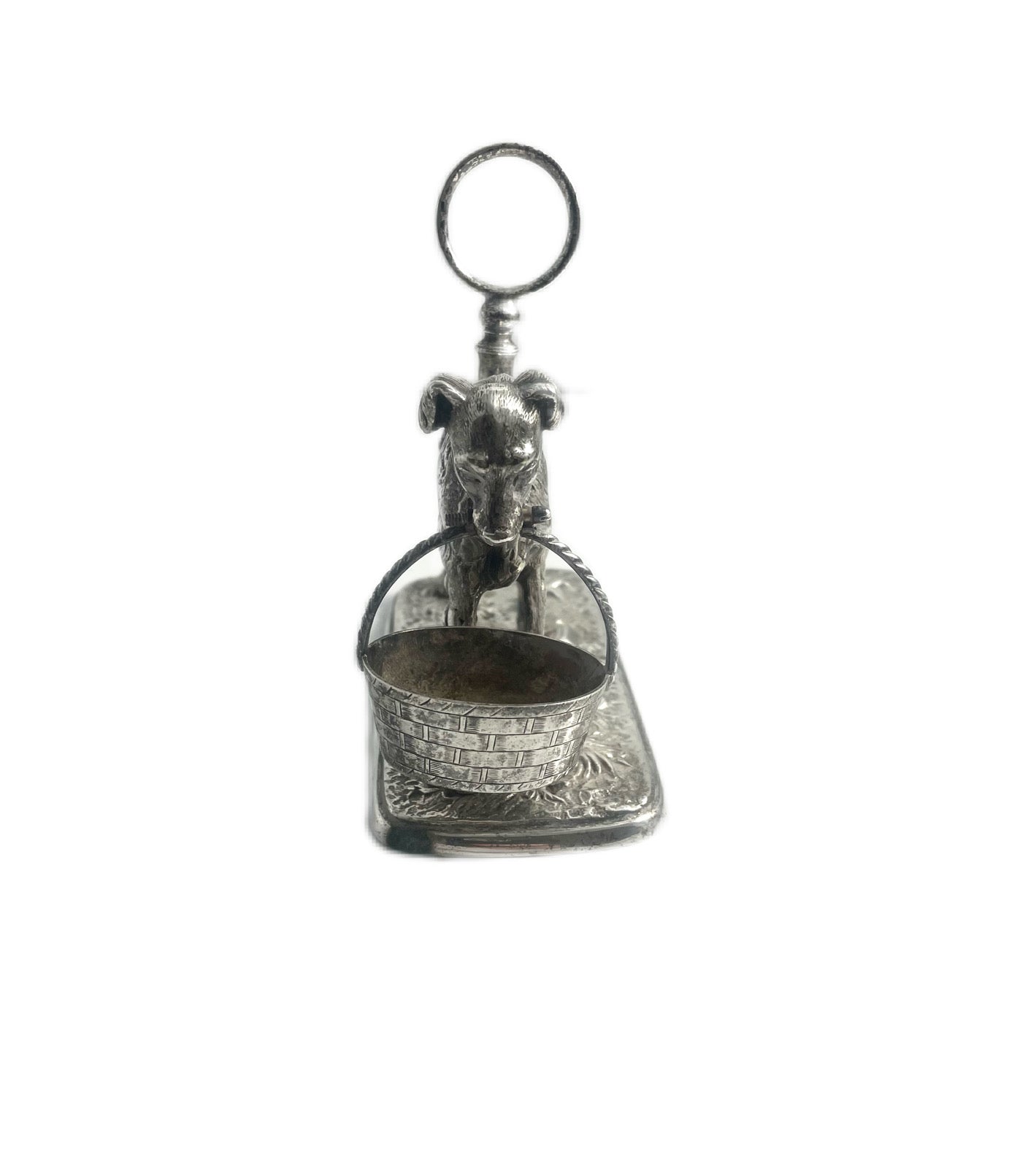  English Silver Plate Condiment Set, Dog with Basket - 43 Chesapeake Court Antiques