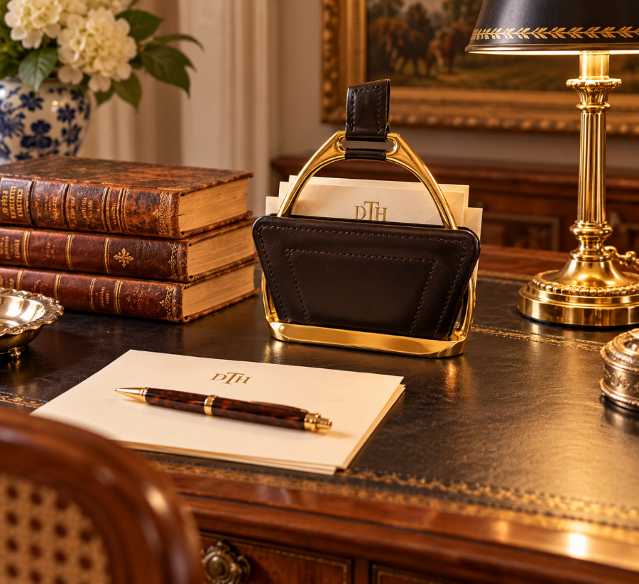 Longchamp stirrup letter holder on desk with stationary 