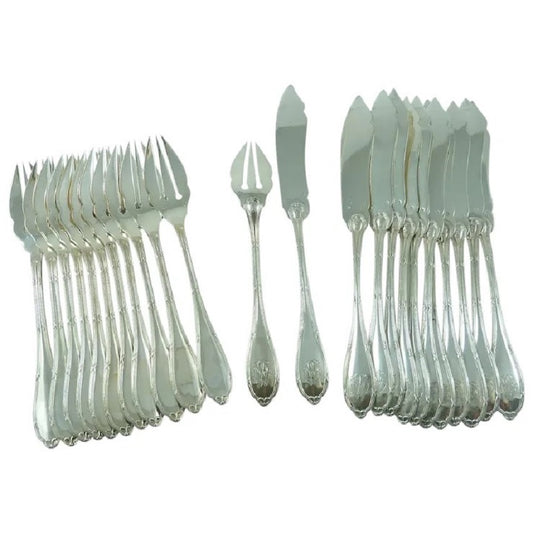 Sterling Silver Fish Service Flatware, Antique French 24 Pieces- 43 Chesapeake Court Antiques