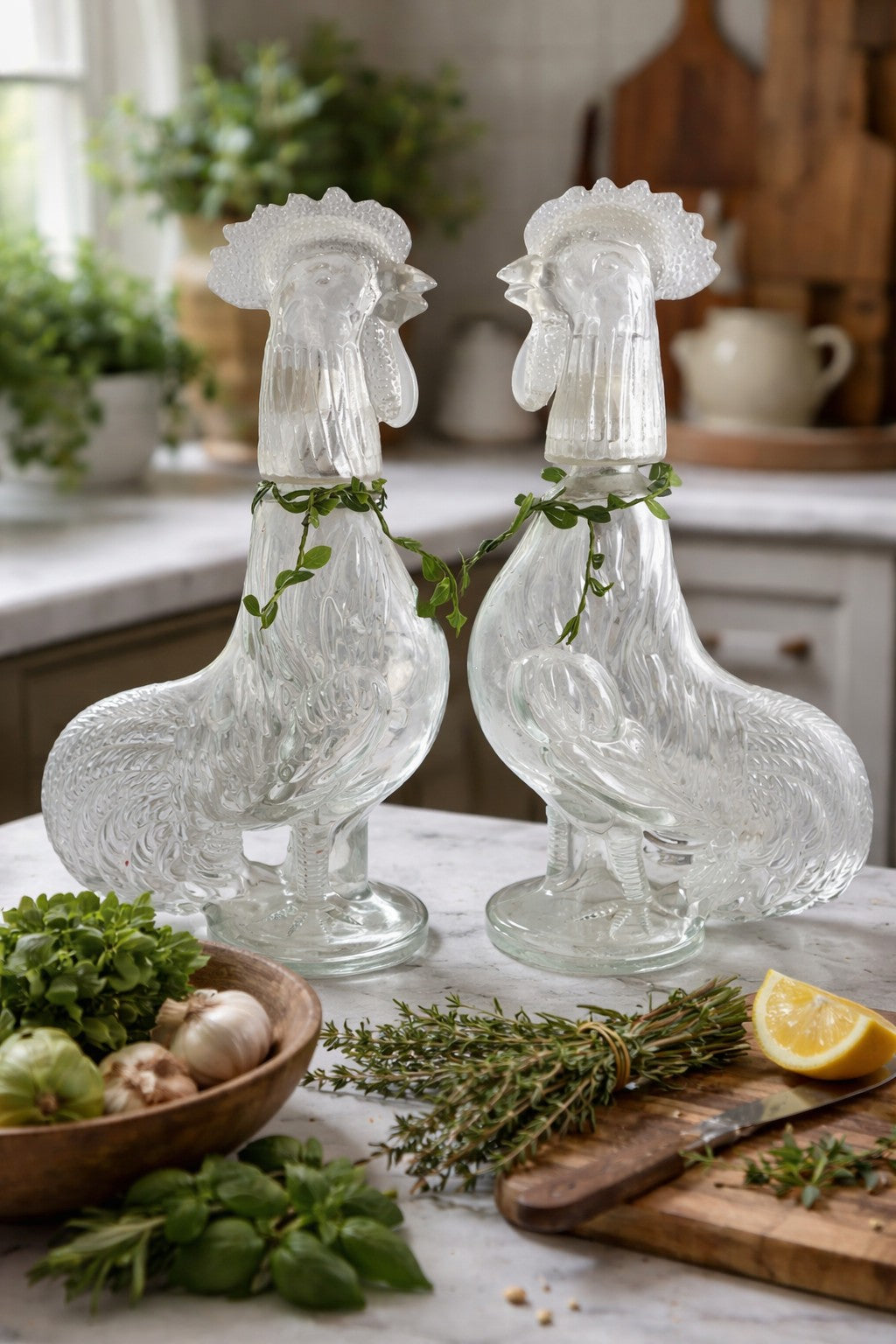 Vintage French Rooster Decanters, Set of Two