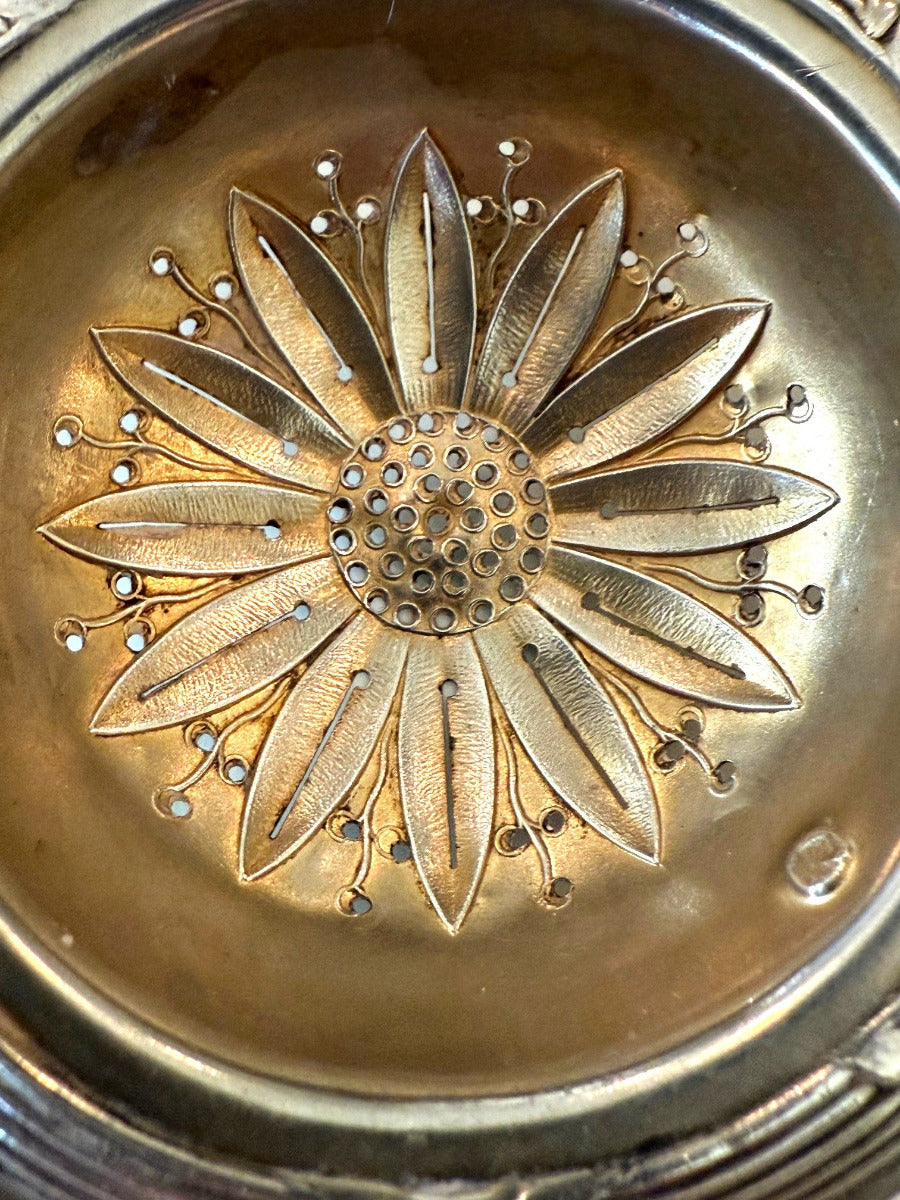 Gilt wash bowl on silver tea strainer-43chesapeakecourtantiques