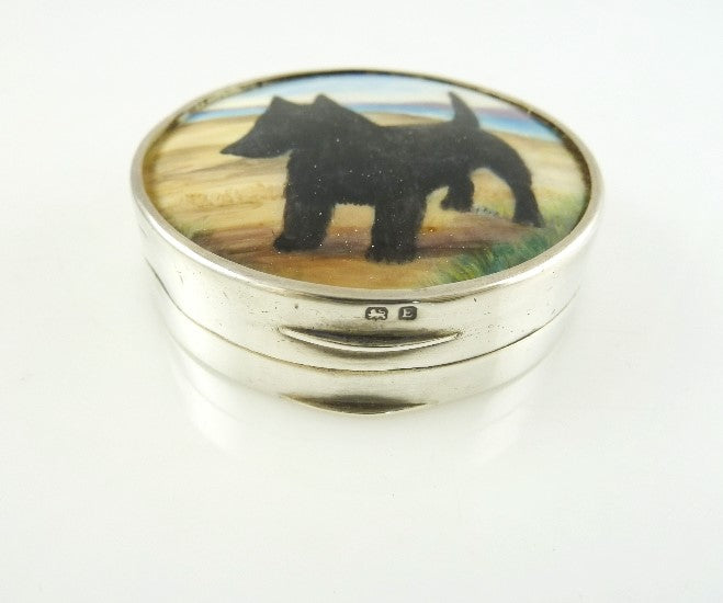English Sterling Silver Pill Box with Enamel Painting of a Dog - 43 Chesapeake Court Antiques