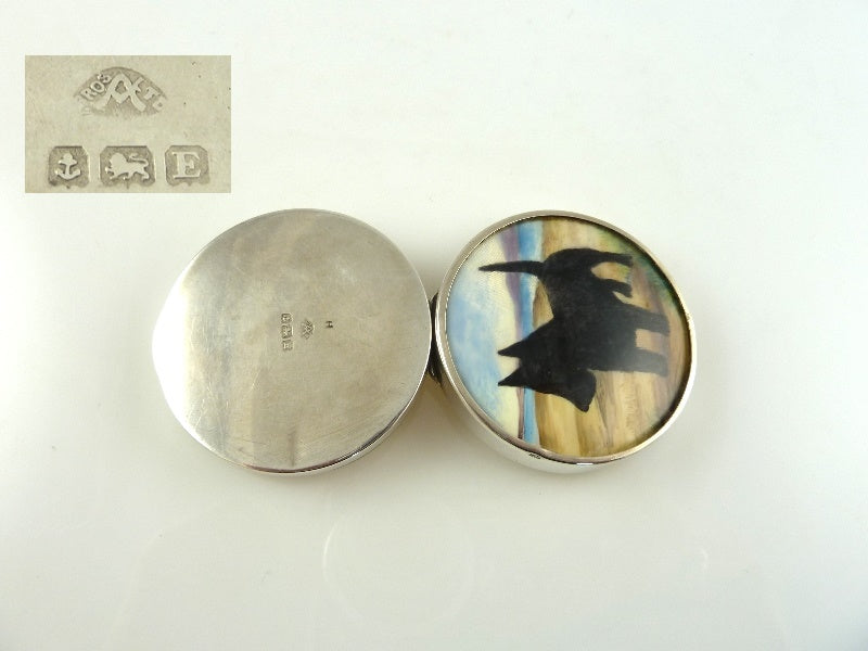 English Sterling Silver Pill Box with Enamel Painting of a Dog - 43 Chesapeake Court Antiques