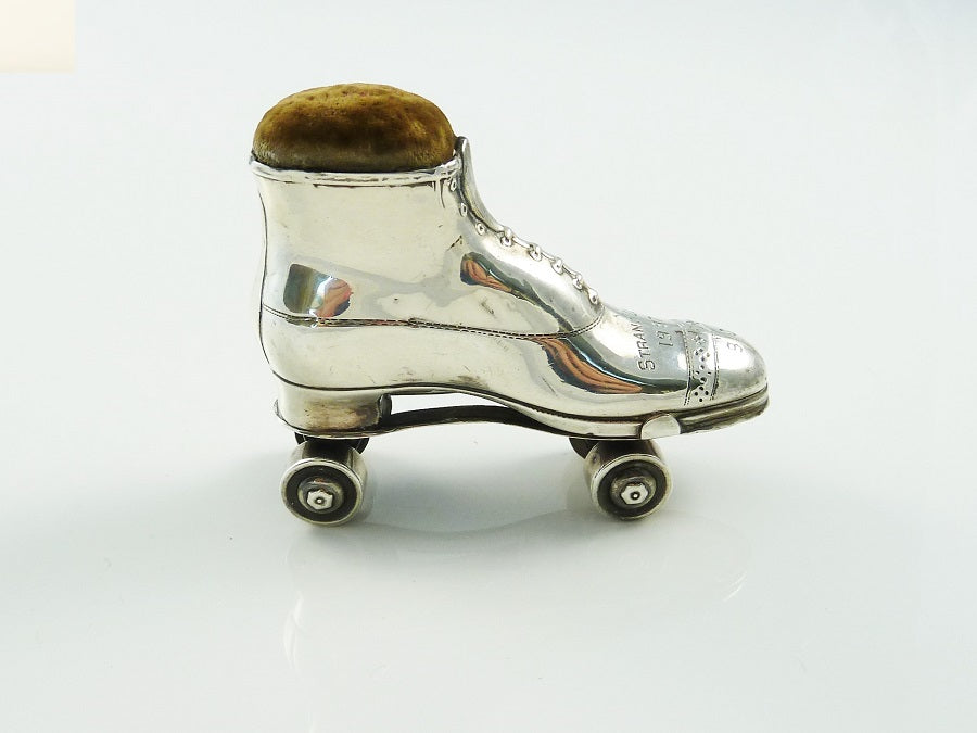  English Sterling Silver Novelty Pin Cushion,  Roller Boot or Skate - 43 Chesapeake Court Antiques