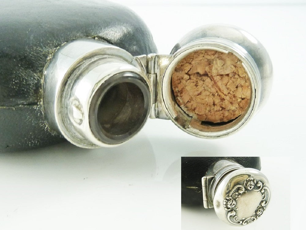 Antique Gorham Sterling Silver & Leather Hip Flask, Whiskey Flask with Removable Cup - 43 Chesapeake Court Antiques