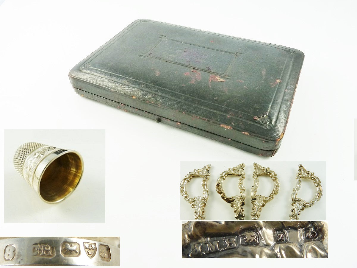 Antique English Sterling Silver Sewing Set Etui with Six Tools Scissors & Thimble - 43 Chesapeake Court Antiques