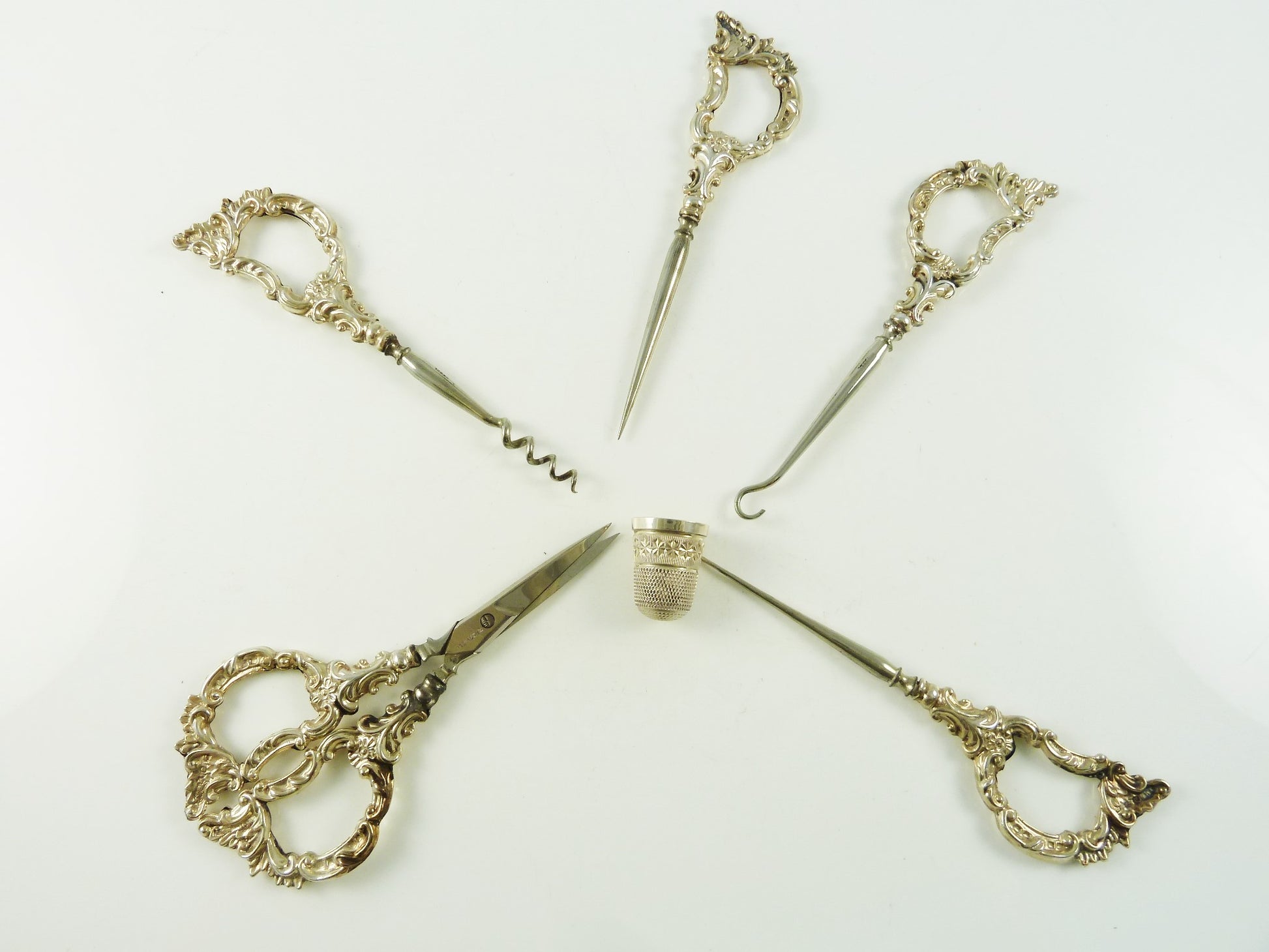 Antique English Sterling Silver Sewing Set Etui with Six Tools Scissors & Thimble - 43 Chesapeake Court Antiques