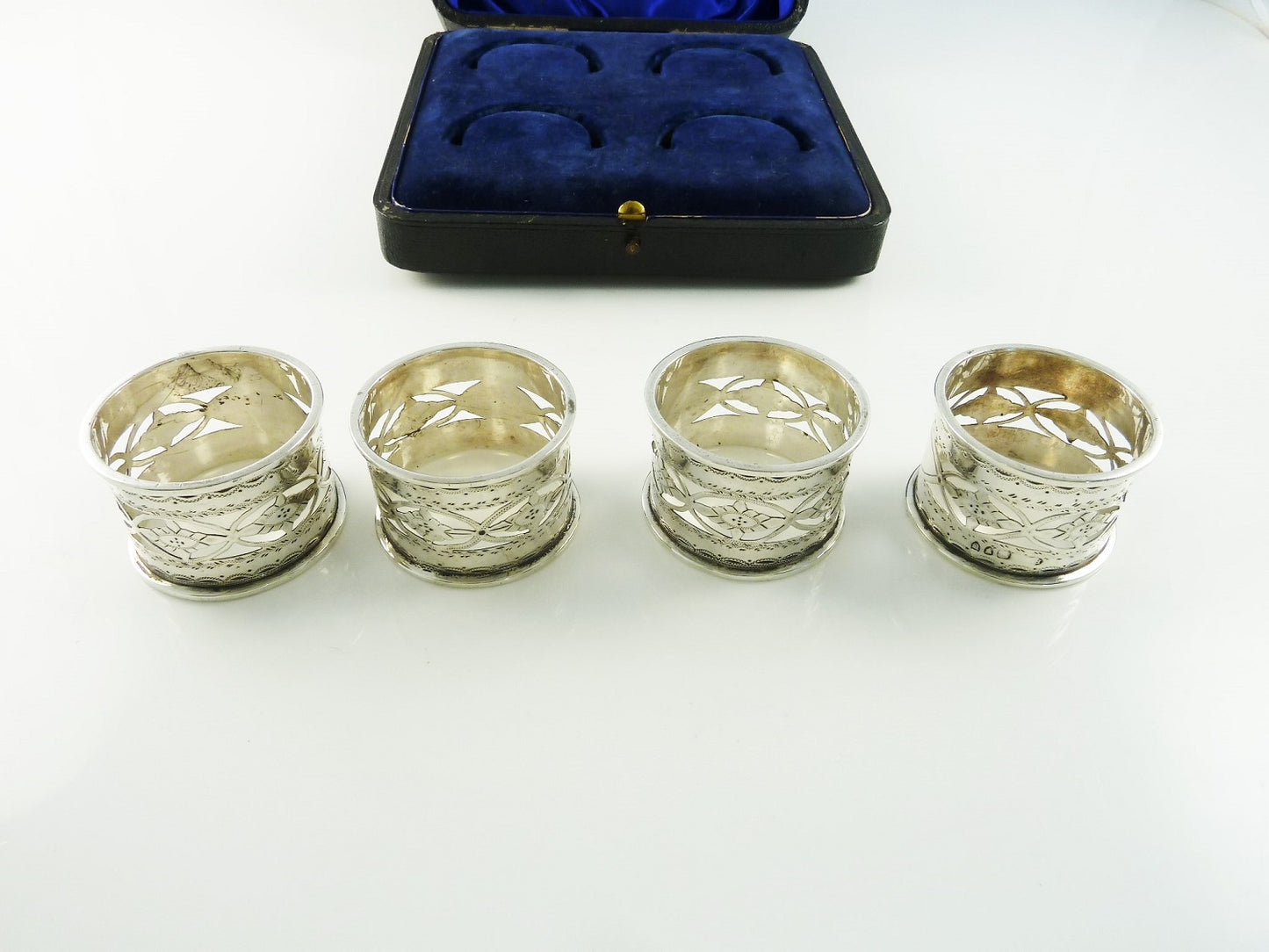 Antique English Sterling Silver Napkin Rings, Set of Four Boxed - 43 Chesapeake Court Antiques