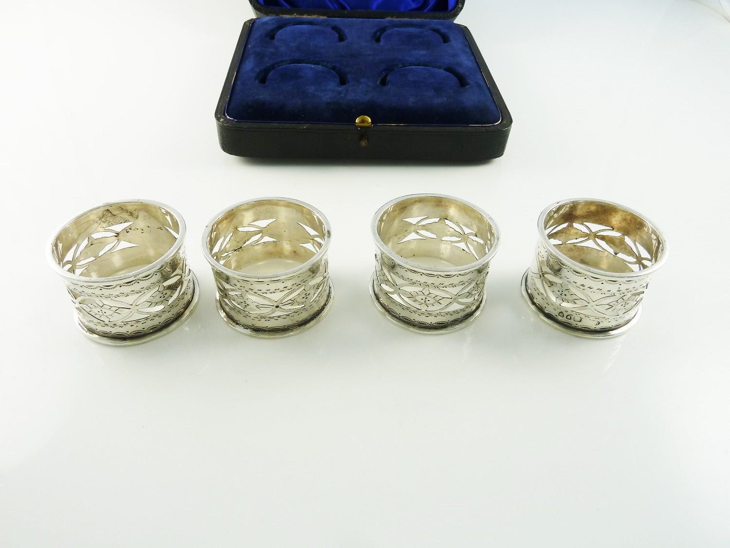 Antique English Sterling Silver Napkin Rings, Set of Four Boxed - 43 Chesapeake Court Antiques