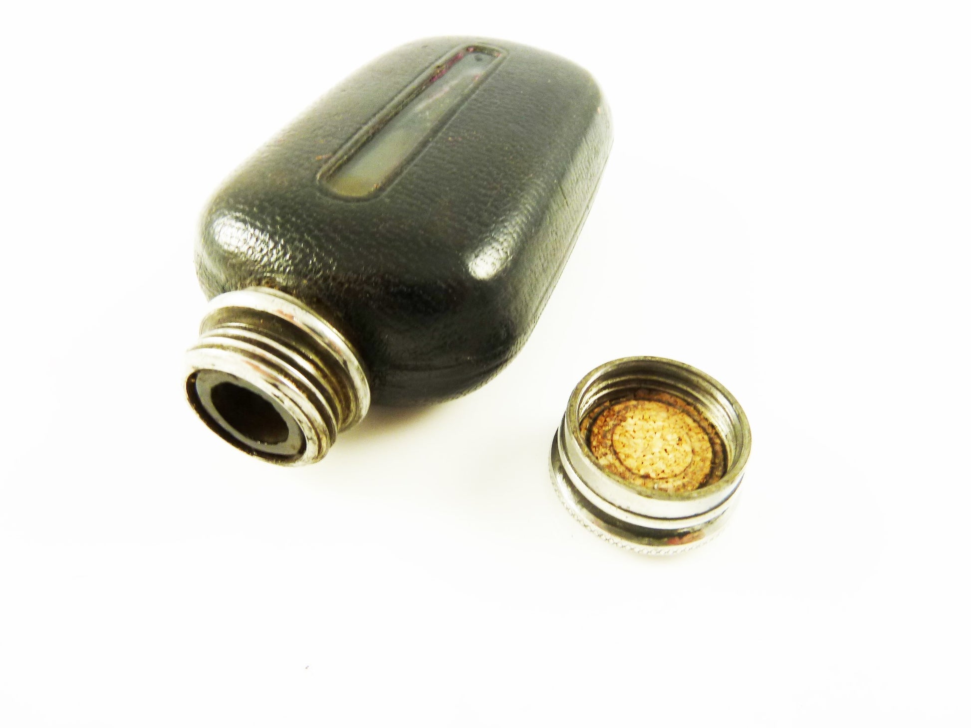 Antique Small Silver Leather & Glass Flask 1 Oz - 43 Chesapeake Court Antiques