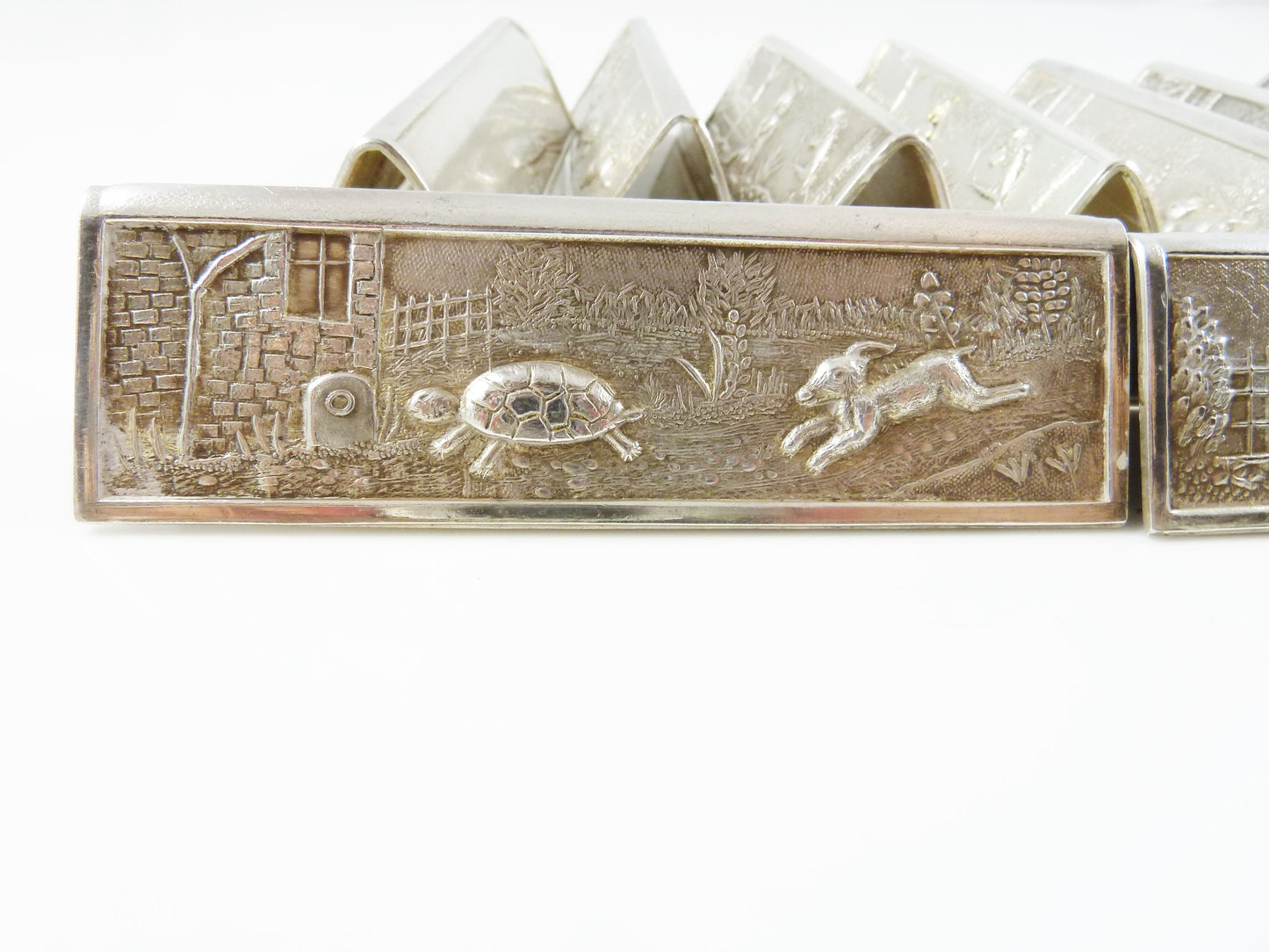 French Silver Plate Dinner Knife Rests Set of Twelve with Children's Tales Aesop's Fables - 43 Chesapeake Court Antiques