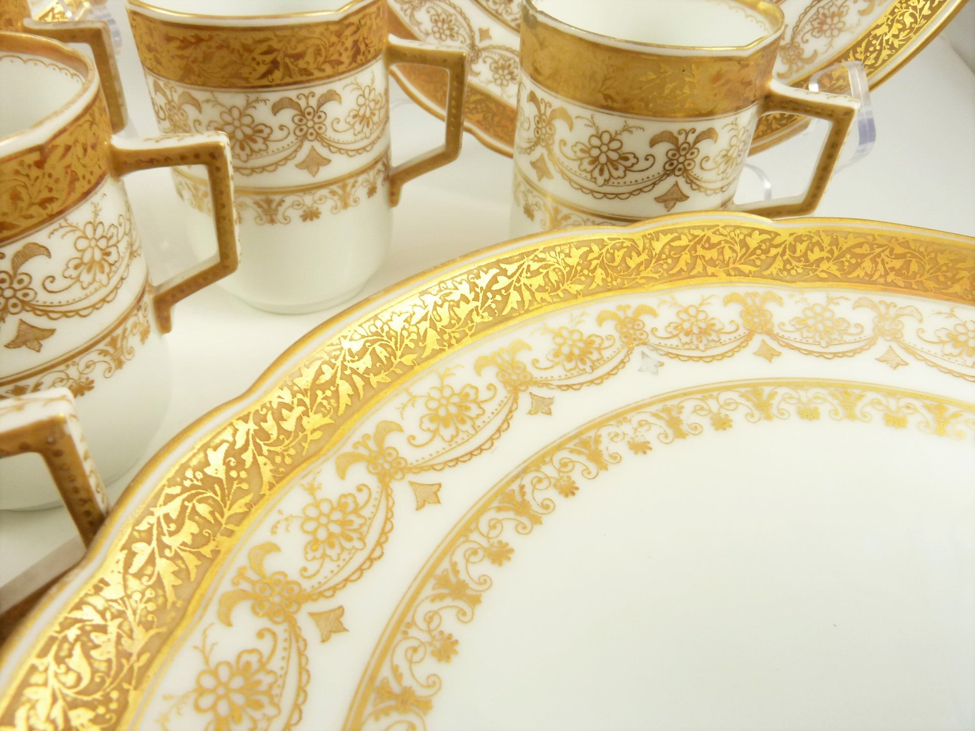 Antique Porcelain Dessert Plates & Demitasse Cups, C 1890 White with Gilt Trim - 43 Chesapeake Court Antiques