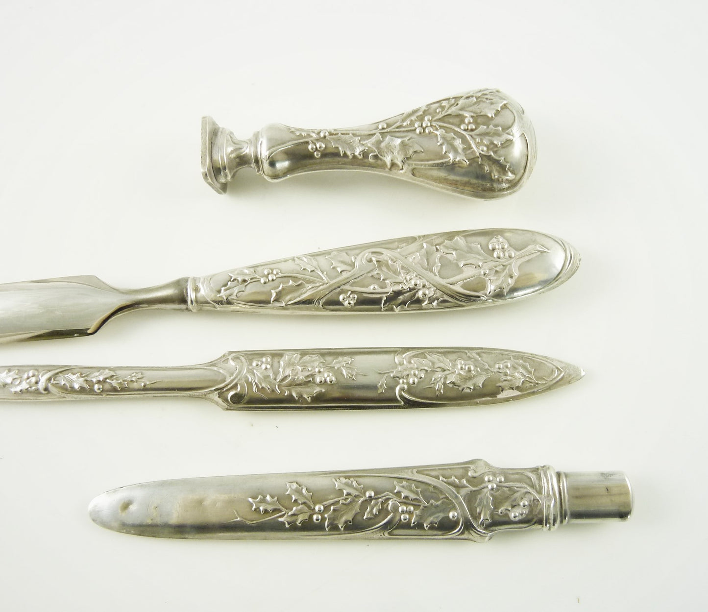 Antique French Silver Desk Set, Four Pieces Writing Tools, Dip Pen, Letter Opener, Seal, Pencil - 43 Chesapeake Court Antiques