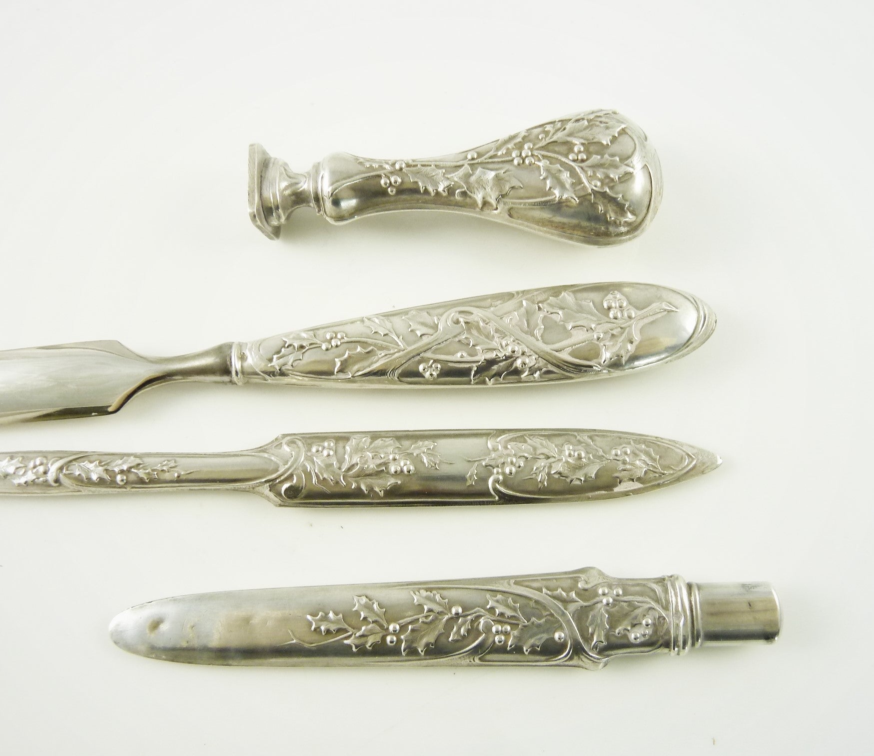 Antique French Silver Desk Set, Four Pieces Writing Tools, Dip Pen, Letter Opener, Seal, Pencil - 43 Chesapeake Court Antiques