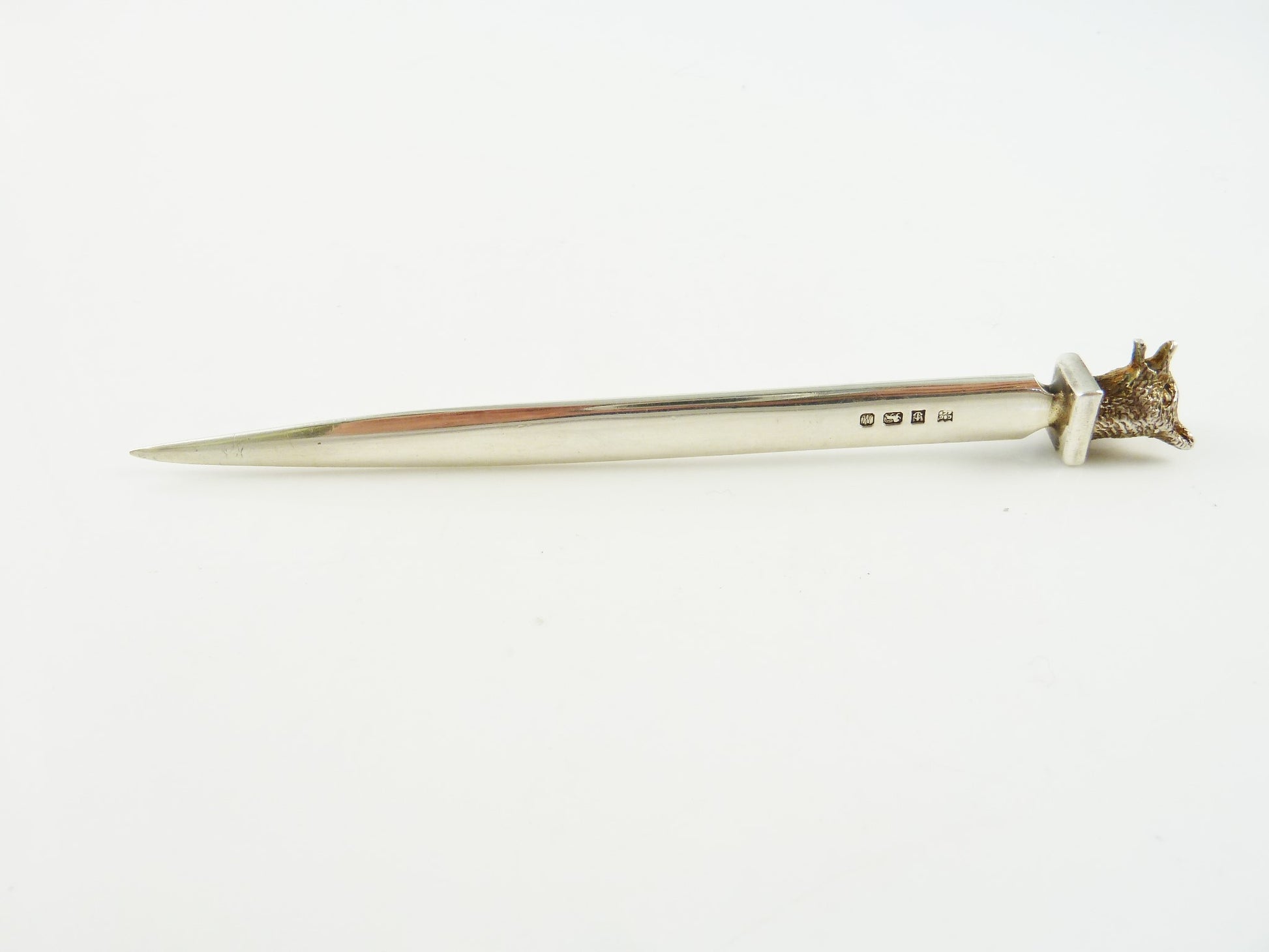 English Sterling Silver Letter Opener With Gilt Fox Head - 43 Chesapeake Court Antiques