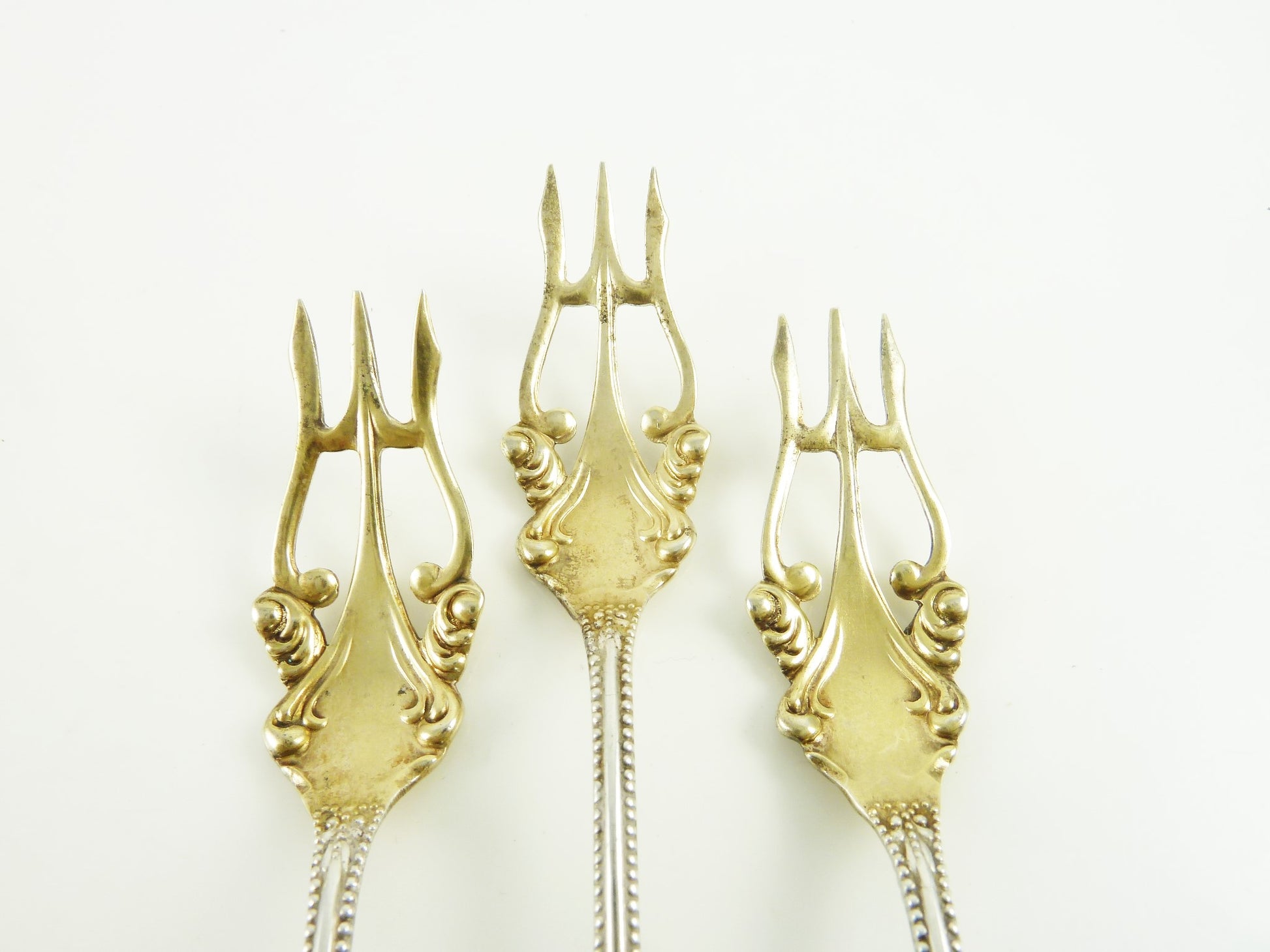 Sterling Silver Set of Six Oyster or Cocktail Forks, Ornate Tines with Gilt - 43 Chesapeake Court Antiques