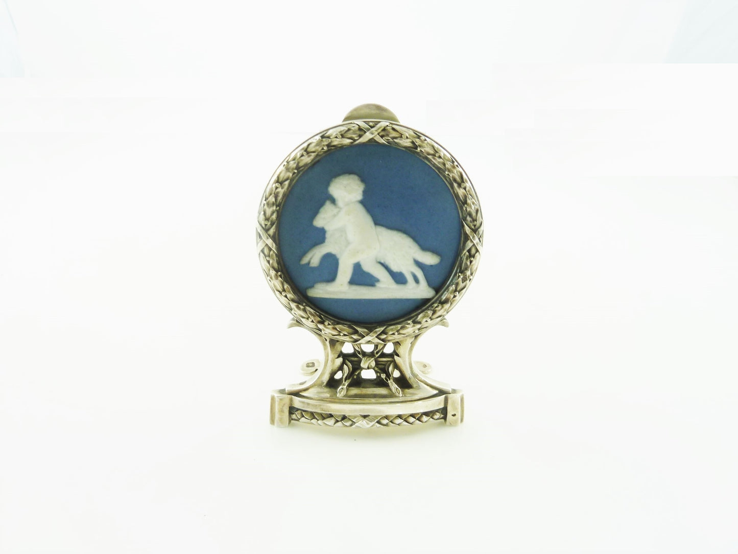 Antique French Sterling Silver & Porcelain Menu Holder, Large in Size with Putto and Lamb - 43 Chesapeake Court Antiques