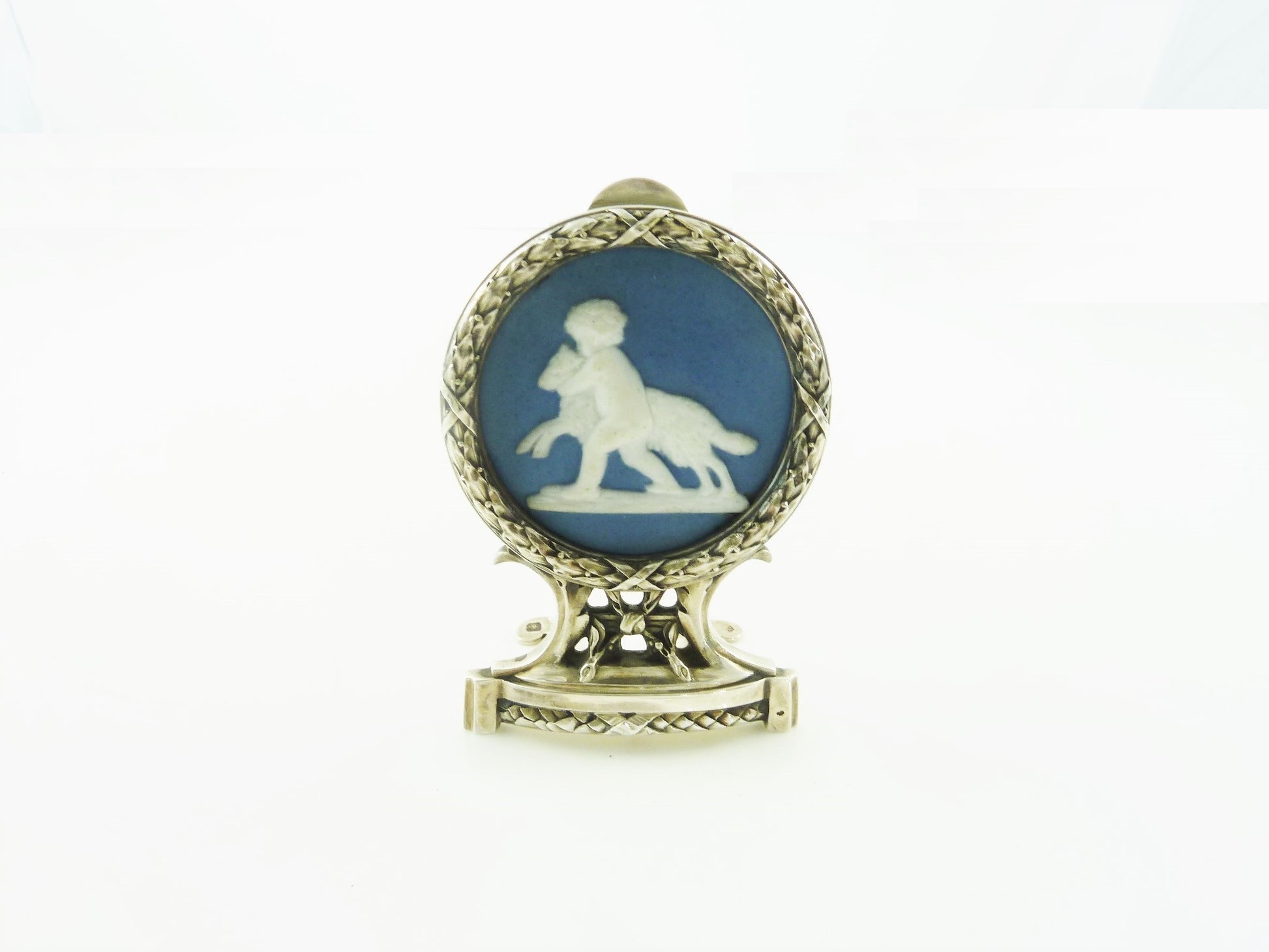 Antique French Sterling Silver & Porcelain Menu Holder, Large in Size with Putto and Lamb - 43 Chesapeake Court Antiques