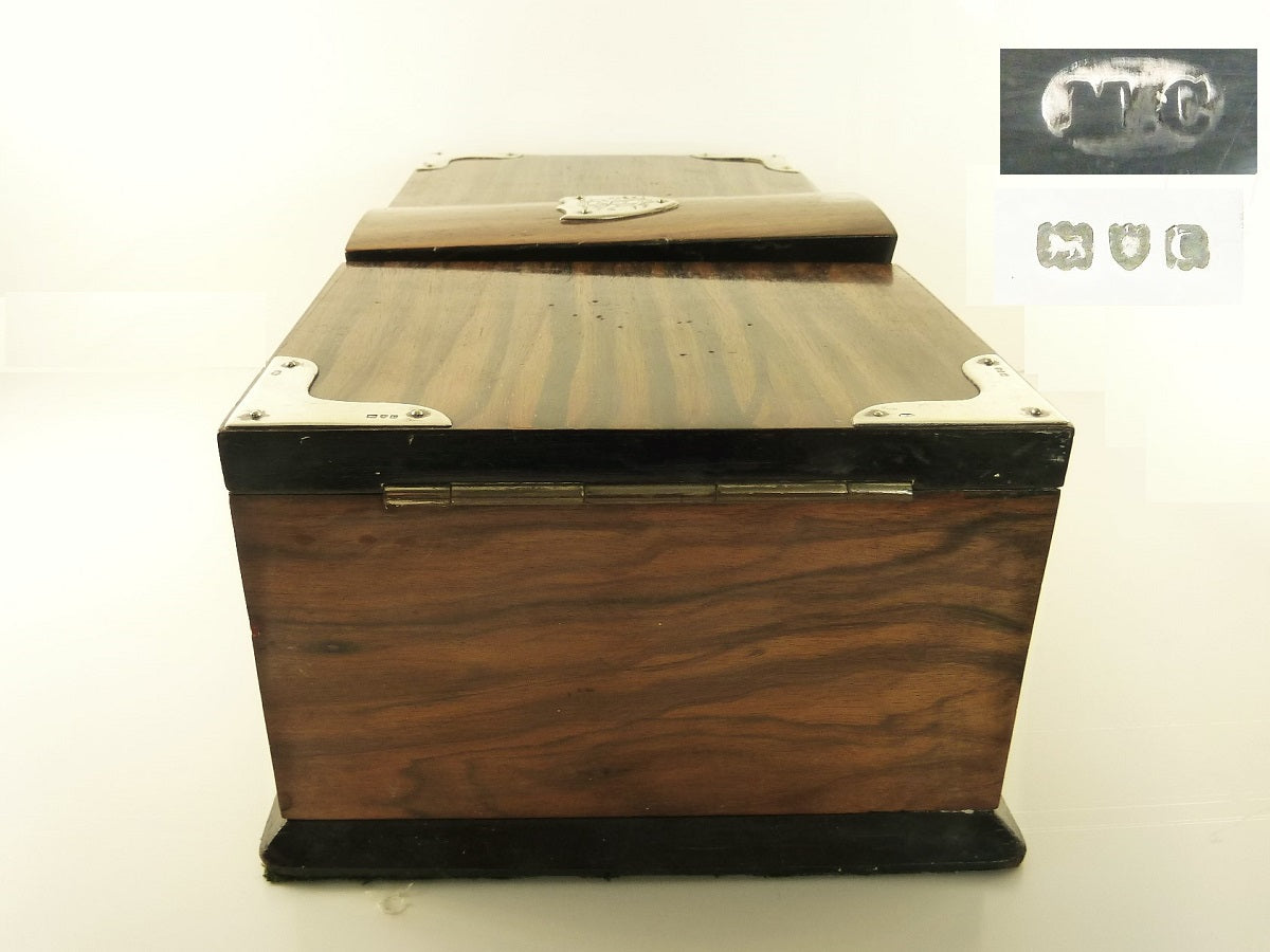 Antique English Cigar Box or Letterbox with Sterling Silver Mounts and Shield Locking Key - 43 Chesapeake Court Antiques