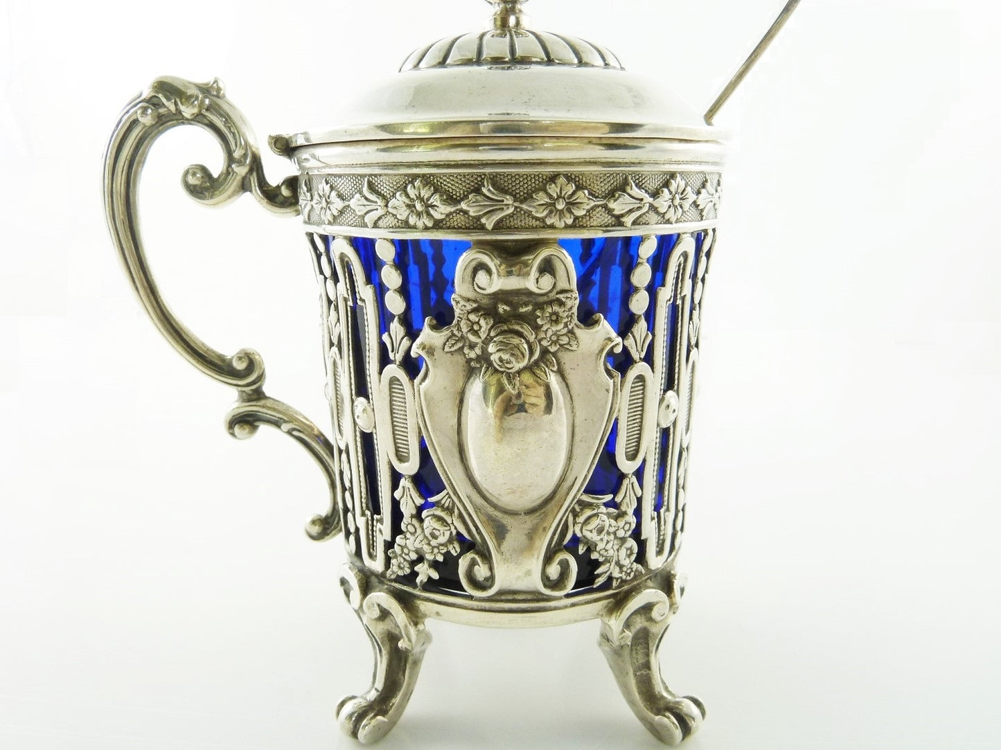 Antique French Sterling Silver Mustard Pot with Cobalt Liner & Spoon, Edmond Tetard - 43 Chesapeake Court Antiques