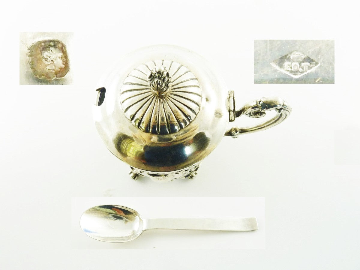 Antique French Sterling Silver Mustard Pot with Cobalt Liner & Spoon, Edmond Tetard - 43 Chesapeake Court Antiques