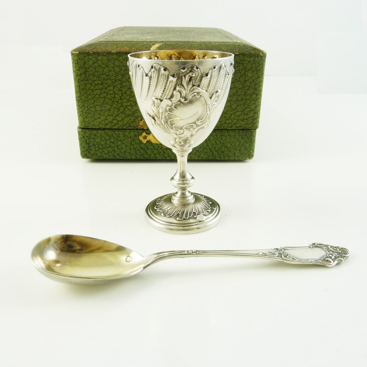 Antique French Sterling Silver Egg Cup & Spoon with Presentation Case - 43 Chesapeake Court Antiques