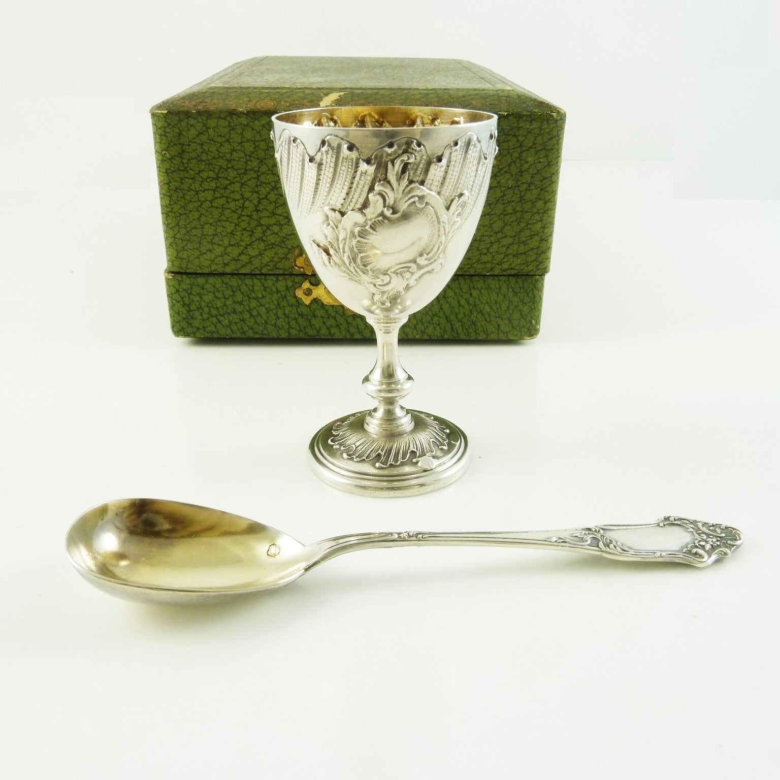Antique French Sterling Silver Egg Cup & Spoon with Presentation Case - 43 Chesapeake Court Antiques