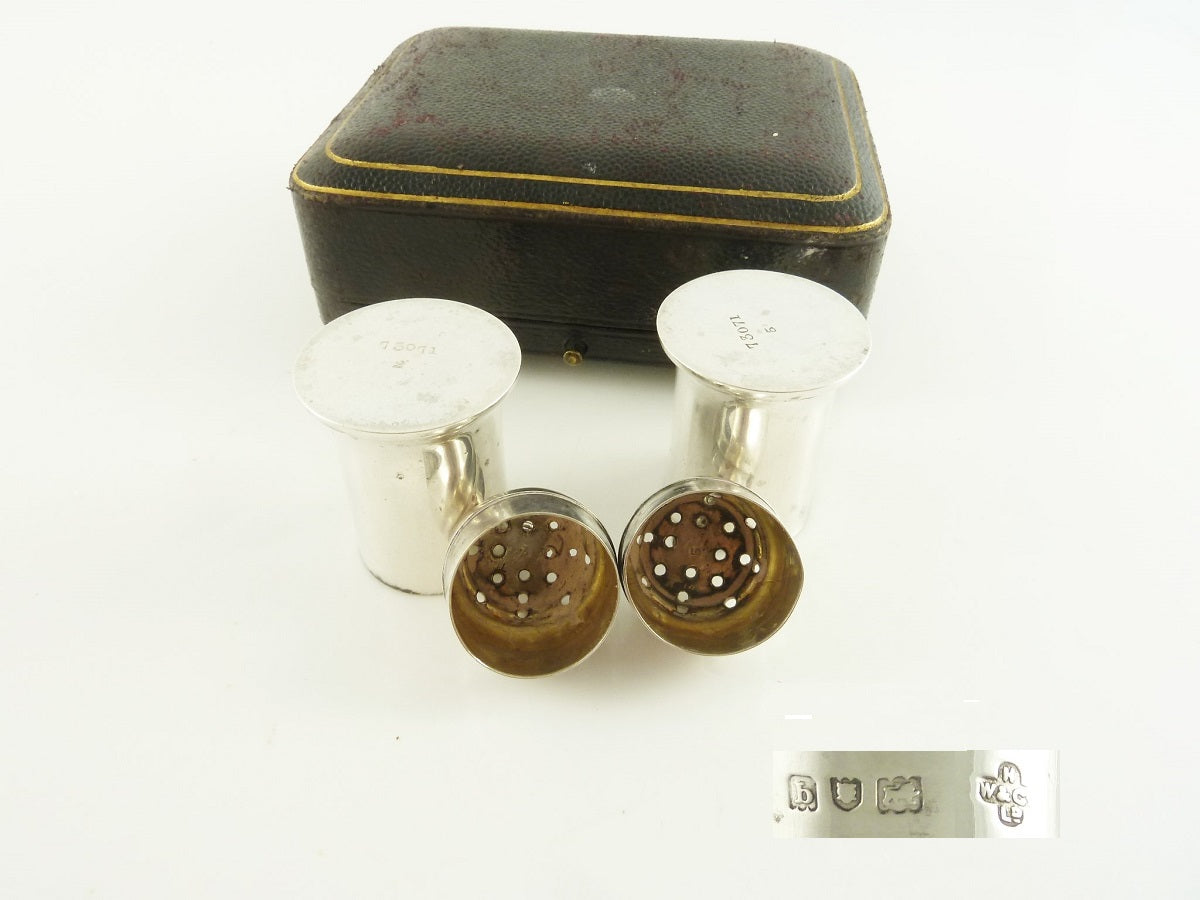 Antique English Sterling Silver Salt Pepper Set, Presentation Box - 43 Chesapeake Court Antiques