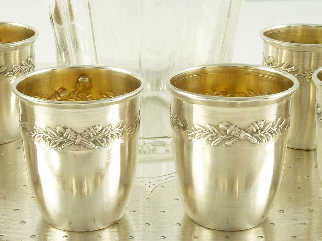 Antique French Sterling Silver Liquor Set, Decanter and Six Cups with Silver Tray - 43 Chesapeake Court Antiques