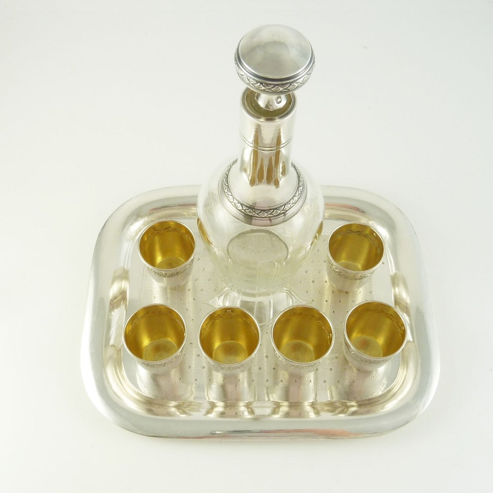 Antique French Sterling Silver Liquor Set, Decanter and Six Cups with Silver Tray - 43 Chesapeake Court Antiques