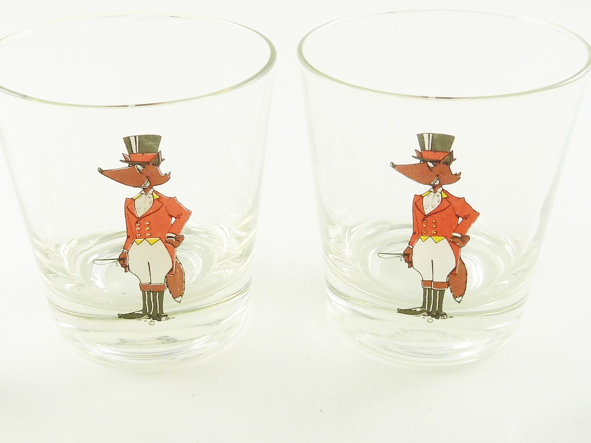 vintage cocktail glasses with fox in red coat - 43 Chesapeake Court Antiques