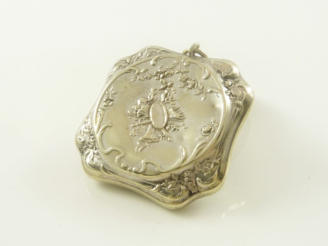 Antique French Silver Pendant Locket, Gilt Interior with Mirror, Louis XVI Style