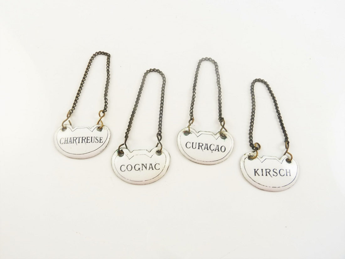 four antique wine and black enamel wine decanter labels - 43 Chesapeake Court Antiques